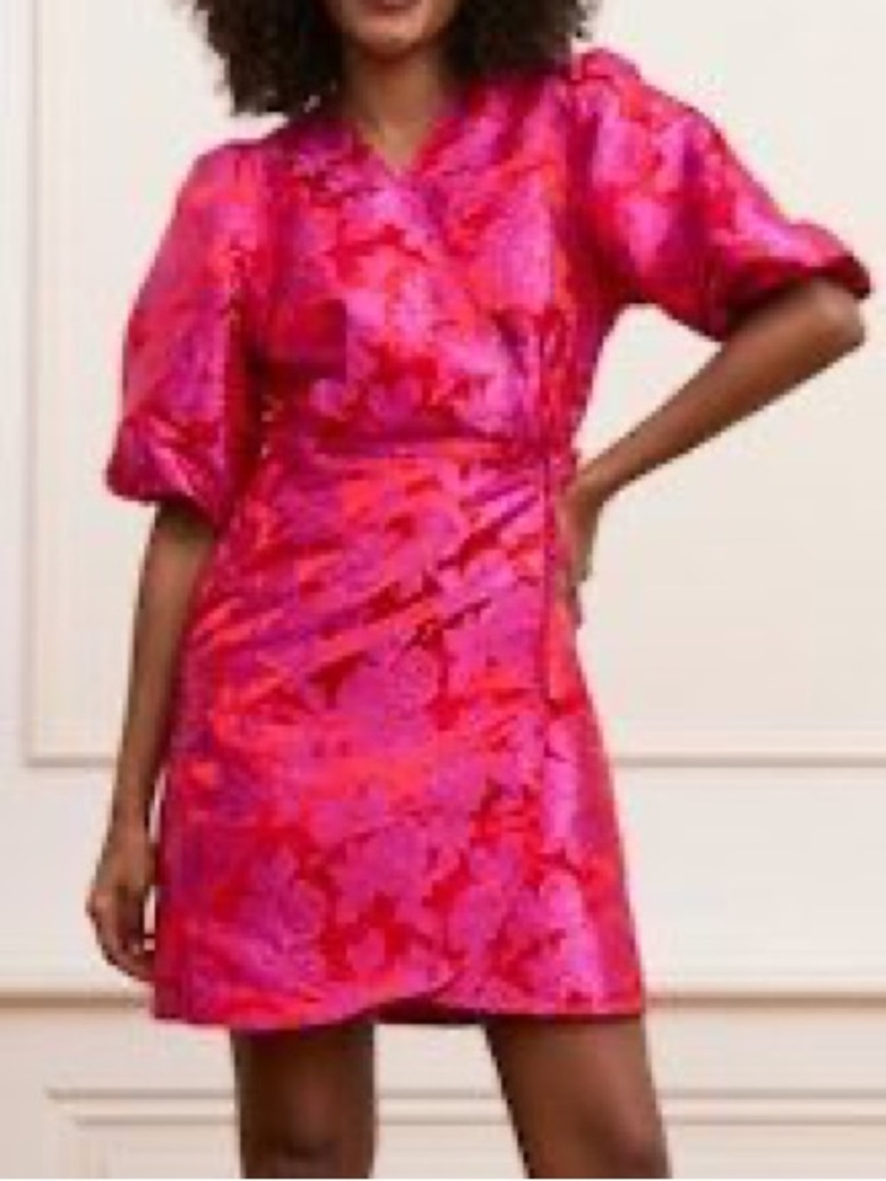 Lofty Manner Red Floral Wrap Dress with Puff Sleeves Size S